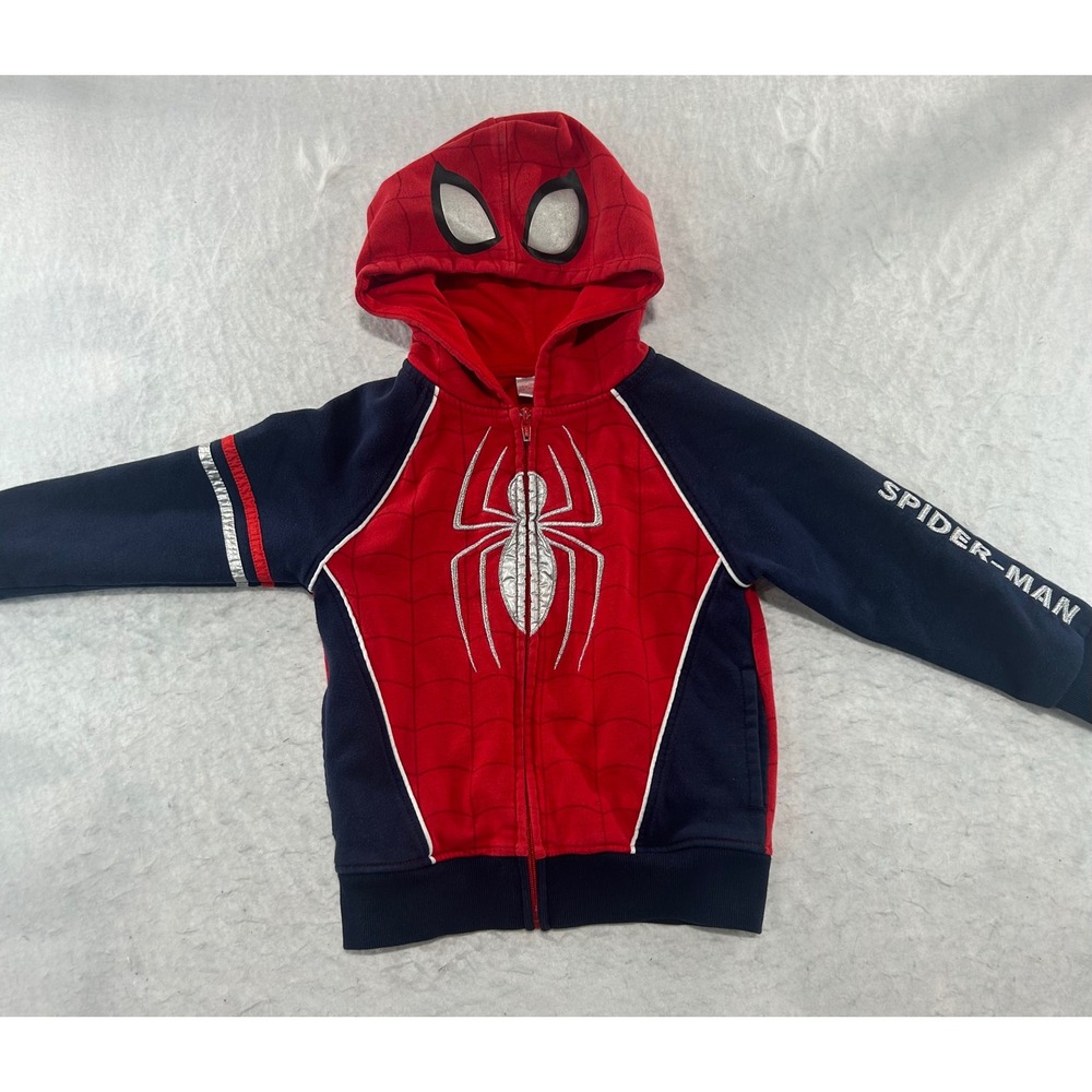 Marvel Spider-Man Boys Red Navy Full Zip Costume Hoodie Size 5 Silver Spider